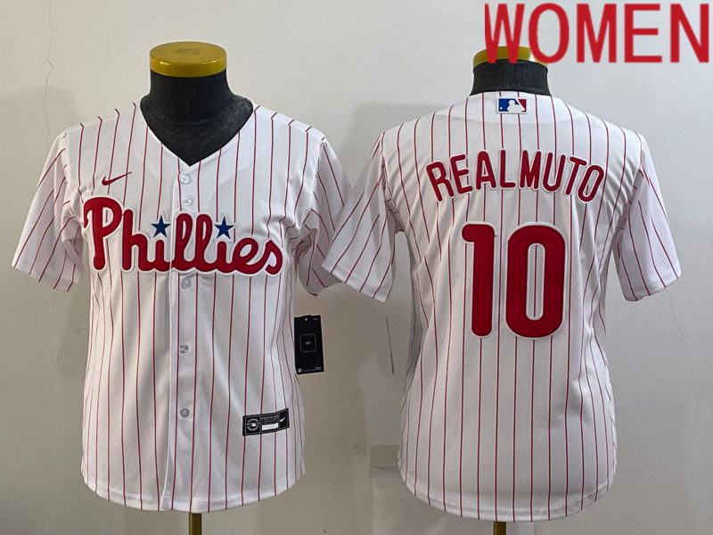 Women Philadelphia Phillies #10 Realmuto White Stripe Game Nike 2022 MLB Jersey->women mlb jersey->Women Jersey